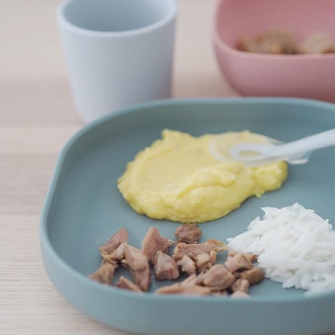 BEABA Silicone 4 Piece Baby Feeding Set, Suction Plates for Baby, Includes Plate, Bowl, Cup, 2nd Stage Silicone Spoon, High Grade Food Safe Silicone, Baby Must Haves, Eucalyptus