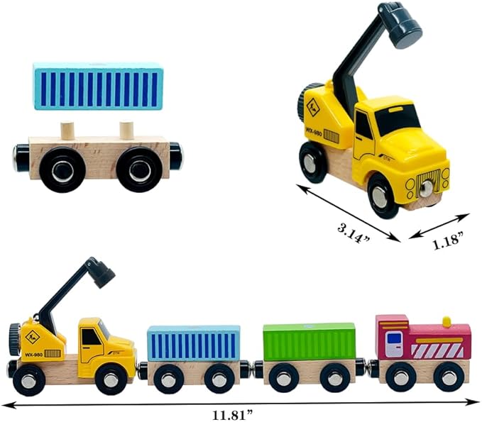 Wooden Trains Cars with Crane Magnetic Train Toys for Wooden Train Tracks Train Sets for Toddlers and Kids Ages 3+ (Crane Train)