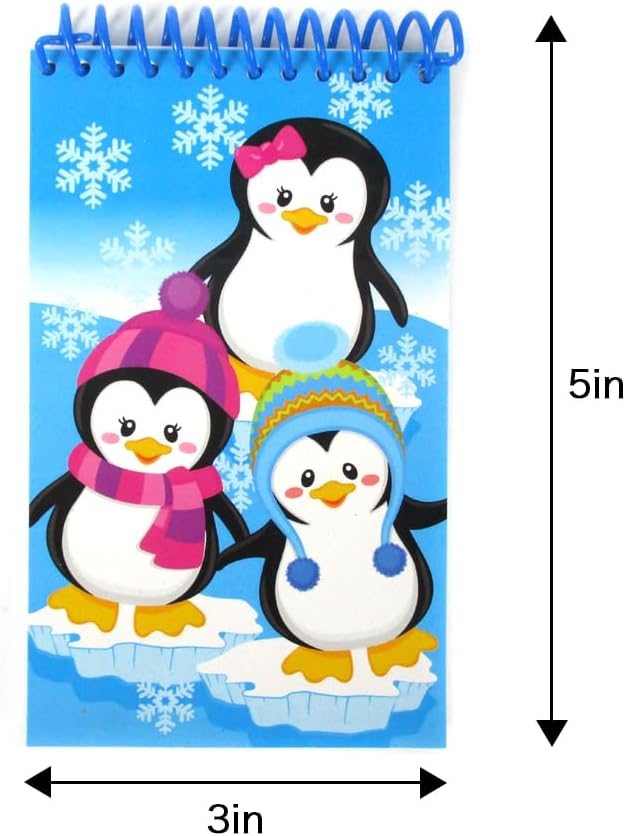 TINYMILLS Penguins Birthday Party Favor Set (12 multi-point pencils, 12 stampers, 12 sticker sheets, 12 small spiral notepads) Winter Party Favors for Classrooms