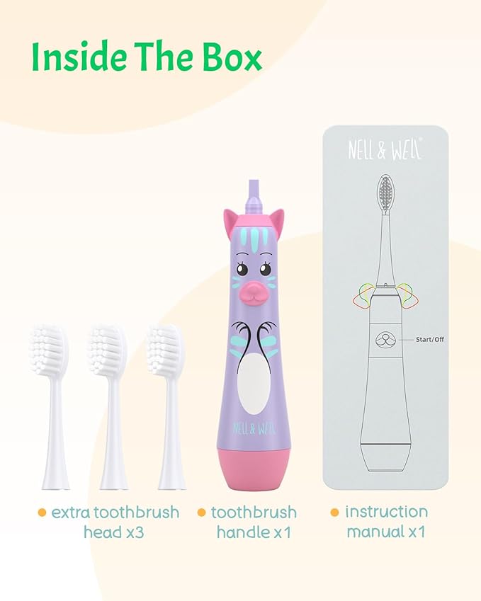 NELL&WELL Kids Electric Toothbrush, 2-Min Timer, 3 Modes with Memory, IPX 7 Waterproof, Battery Powered Kids Toothbrush with 3 Soft Bristles Heads for Children Boys and Girls Ages 3+