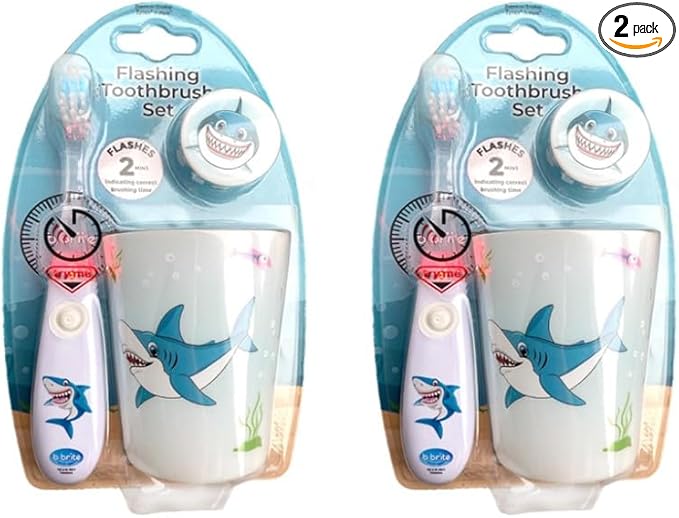 Lily's Home Kids Flashing Timer Toothbrush Kids with Soft Bristles, Rising Cup & Cover - Fun 2-Min Light-Up Brushing for Children - Toddler Toothbrush Soft Toothbrush Kit -(Shark)- Set of 2