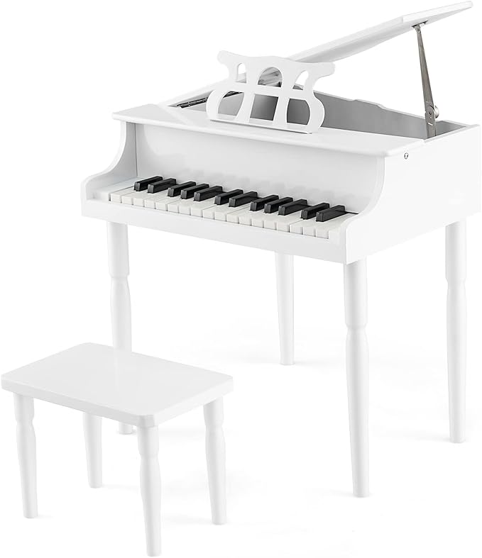 Goplus 30-Key Classical Kids Piano, Mini Grand Piano Wooden Learn-to-Play Musical Instrument Toy with Bench, Piano Lid, Music Rack, Gift for Boys Girls Aged 2+ Baby Toddler(4 Straight Leg-White)