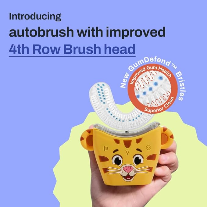 autobrush Kids U Shaped Electric Toothbrush, ADA Accepted, Sonic Pro with Unique 360° Nylon Bristles 3 Cleaning Modes,Whitening LED-Lights,Plays Music (Double-Sided),Ages 3-5, Daniel Tiger