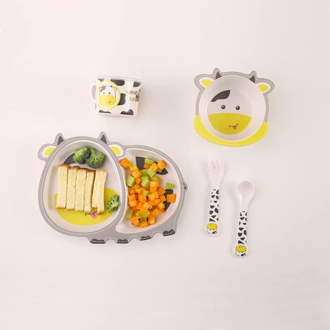 Kids Dinnerware Set Bamboo 5 Pcs with Plate Bowl Cup Fork Spoon (Cow)