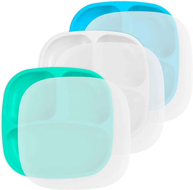 Re-Play Made in USA 7" Deep Walled Divided Plates for Kids, Set of 3 With 3 Lids - Reusable 3 Compartment Plates, Dishwasher and Microwave Safe - 7.37" x 7.37" x 1.25", Cool Breeze