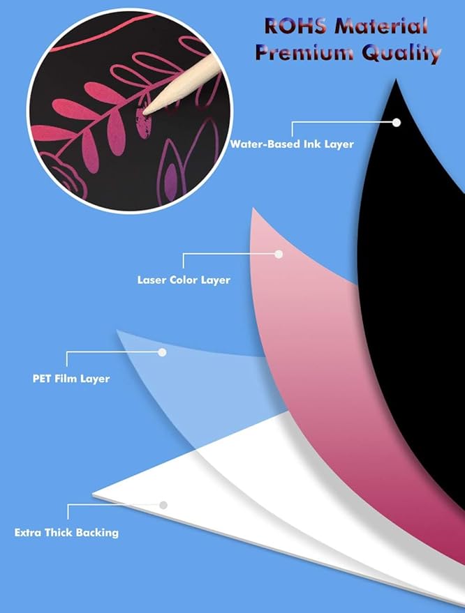 Scratch Paper Art 7.5” x 5.5” 52 Pieces for Kids Rainbow Color Scratch Off Paper Book Ideal Birthday Christmas Party Gift for Kids Help Children to Focus Practice Hands (SP139)