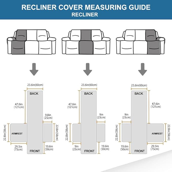 Easehomey Waterproof Recliner Sofa Cover Non-Slip couch cover recliner sofa 3 section with Elastic Band Two Pockets, Washable Couch Covers Furniture Protector for Kids,Dogs(Peacock Blue,Recliner Sofa)