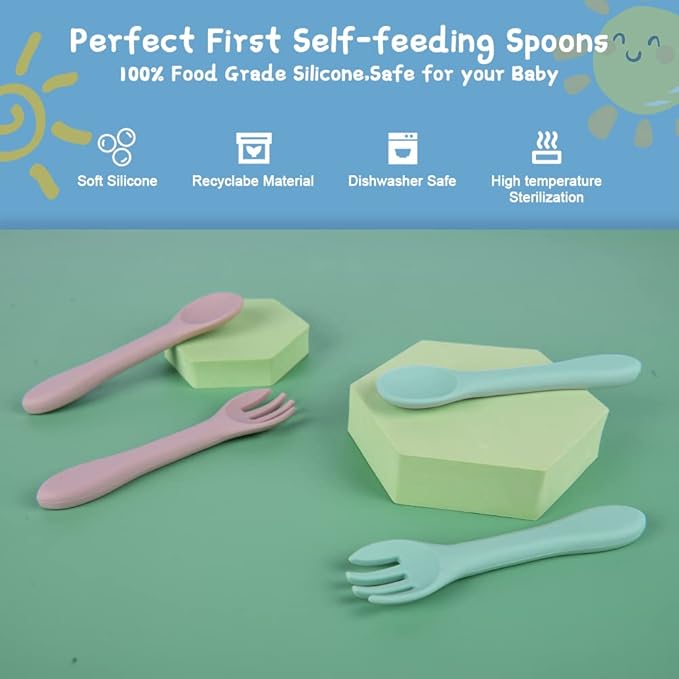 Vicloon Silicone Baby Spoon and Fork Set, 4PCS Baby Led Weaning Spoons and Forks Set, First Stage Feeding Spoons for Infants, Silicone Baby Spoon,Silicone Feeding Spoons Dishwasher Safe,Baby Utensils