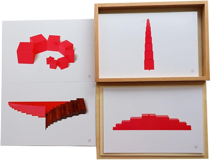 Kghios Montessori Pink Tower、 Brown Stair and Long Red Rods Sensorial Cards with Wood Box,Montessori Toys Materials for Toddlers Visual Sense, Early Educational Tools Preschool Learning Toys