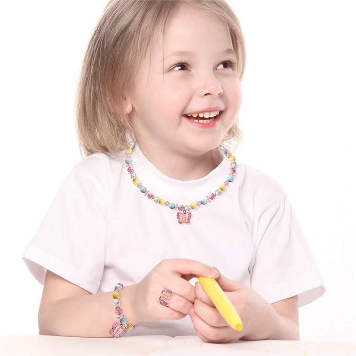 Butterfly Stretch Necklace Little Girl Toddler Necklace Bracelet Set, Little Princess Jewelry Kids Play Necklaces Butterfly Rings for Kids