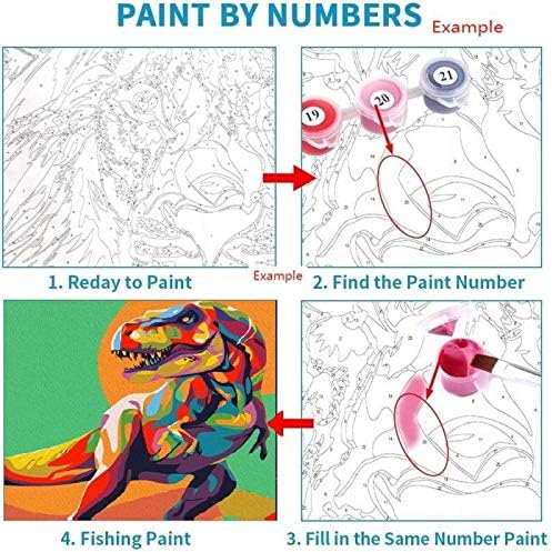 Elftoyer Paint by Numbers for Kids & Adults & Beginner, DIY Canvas Painting Gift Kits for Home Decoration - Colorful Dinosaurs 12 x 16 inch (Wooden Frame)