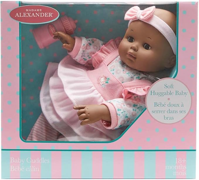 Madame Alexander 14-Inch Baby Cuddles Doll with Bottle, Pink Floral, Dark Skin Tone