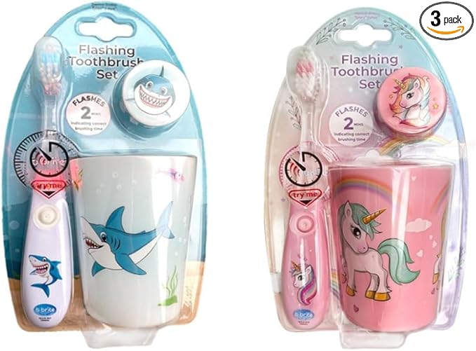 Lily's Home Kids Flashing Timer Toothbrush kids with Soft Bristles, Rising Cup & Cover - Fun 2-Min Light-Up Brushing for Children - Toddler Toothbrush Soft Toothbrush Kit (shark and Unicorn)- set of 2