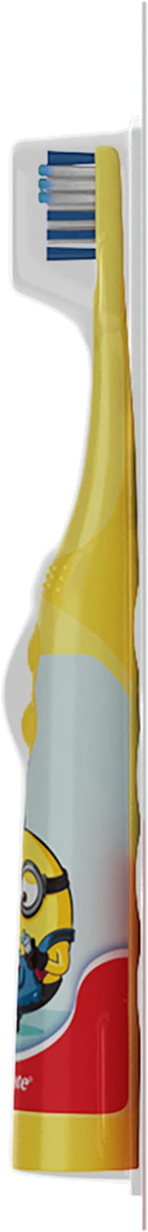 Colgate Kids Battery Powered Toothbrush, Kids Battery Toothbrush with Included AA Battery, Extra Soft Bristles, Flat-Laying Handle to Prevent Rolling, Minion Toothbrush, 1 Pack