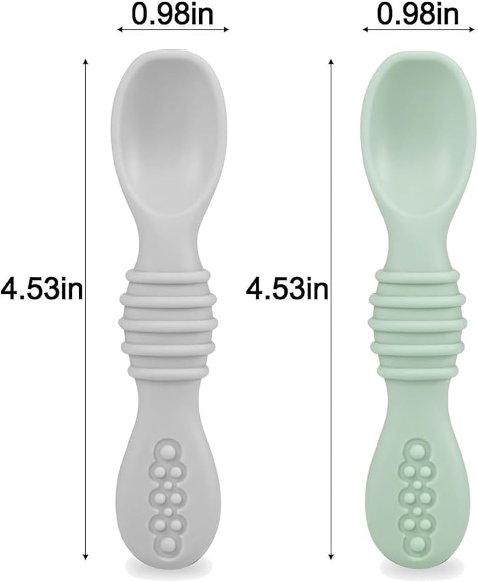 PandaEar Silicone Baby Feeding Set| 2 Pack Silicone Divided Suction Plate with 2 Pack Spoons | Baby Led Weaning Supplies Self Feeding Eating Utensils (Green/Grey)