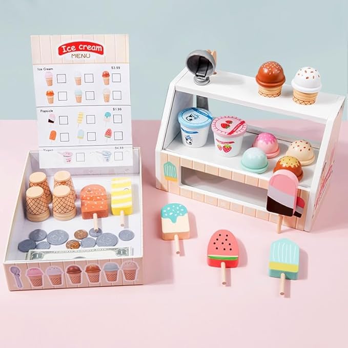 Wooden Ice Cream Toys for Kids Toddler,Ice Cream Counter Shop Pretend Play Toy Food Kitchen Accessories,Play Food Scoop and Serve, Play Kitchen Sets for Kids,Christmas Birthday Gift for Girls Boys