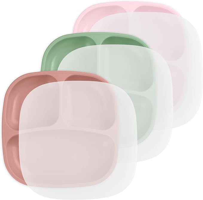 Re-Play Made in USA 7" Deep Walled Divided Plates for Kids, Set of 3 With 3 Lids - Reusable 3 Compartment Plates, Dishwasher and Microwave Safe - 7.37" x 7.37" x 1.25", Desert Roses