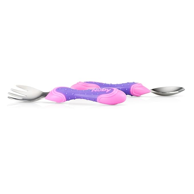 Nuby Stainless Steel Utensil, Pink/Purple, 2 Piece