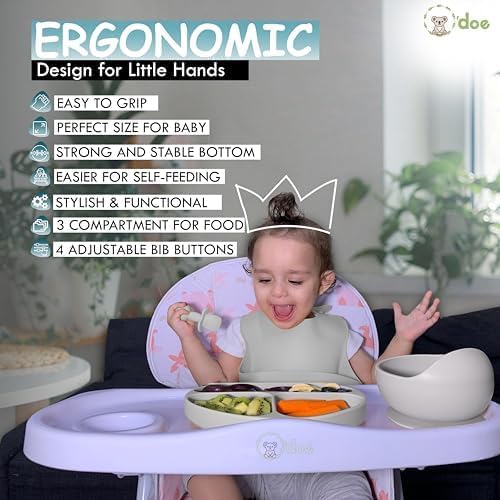 O'doe 11-Piece BPA-Free Silicone Baby Feeding Set | Thick & Soft Suction Plates, Baby Bowls, Wooden Fork & Spoon, and More | Make Mealtime Fun and Easy for Your Little One (Grey, V1)