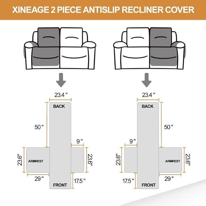 XINEAGE Water Resistant Recliner Cover, 2 seat Recliner Loveseat Covers with Pockets, Quilted Thick Recliner Protector Cover for Dog Pets with Non Slip Backing and Strap(Recliner Loveseat, Dark Gray)