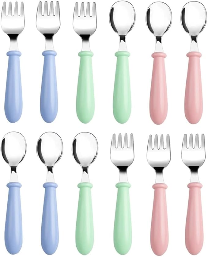 Pimoys 12 Pieces Toddler Utensils Kids Silverware Set Baby Forks and Spoons, Stainless Steel Childrens Safe Cutlery with Round Handle for Self Feeding, Dishwasher Safe