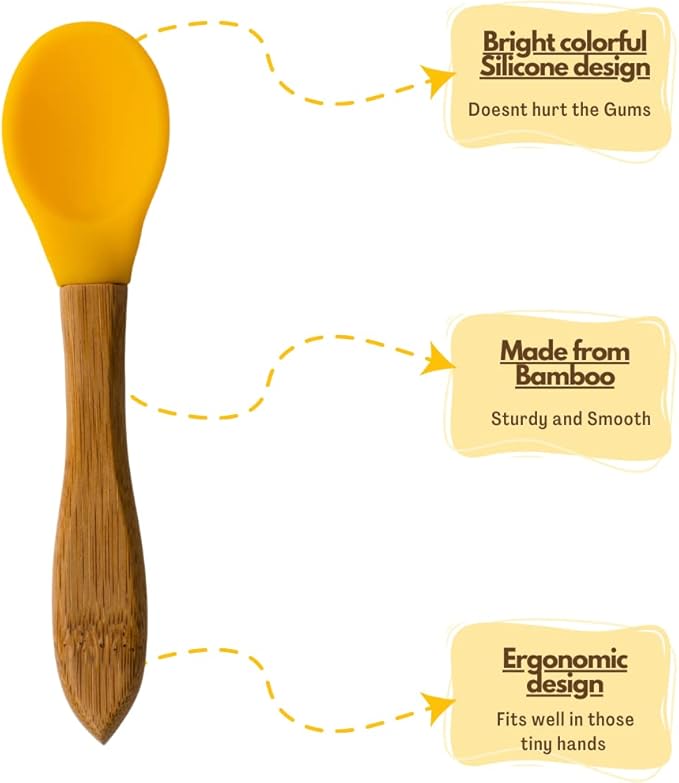 Baby Spoons Bamboo Feeding Spoon 5.5" with Silicone Tip BPA Free Toddler Food Spoons Yellow 2 PACK