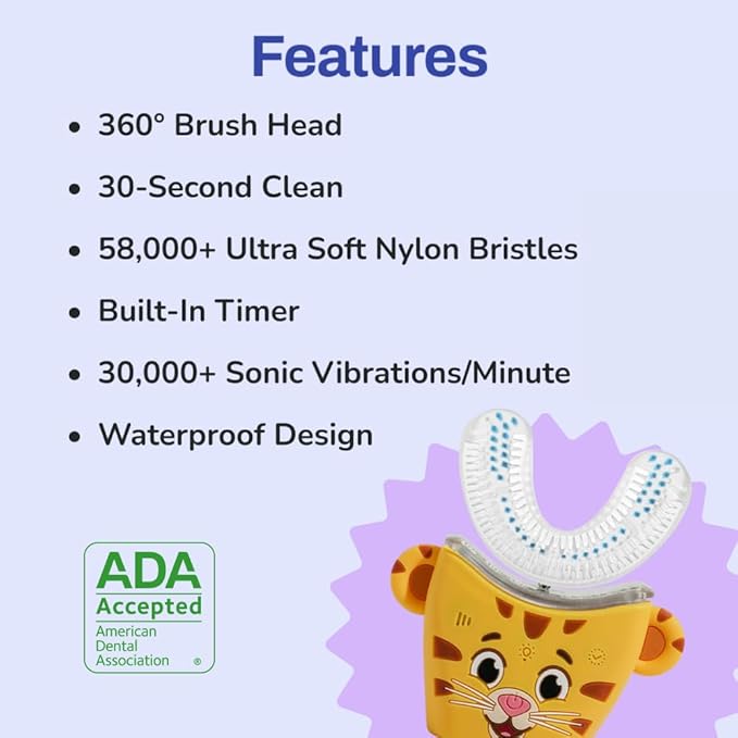 autobrush Kids U Shaped Electric Toothbrush, ADA Accepted, Sonic Pro with Unique 360° Nylon Bristles 3 Cleaning Modes,Whitening LED-Lights,Plays Music (Double-Sided),Ages 3-5, Daniel Tiger