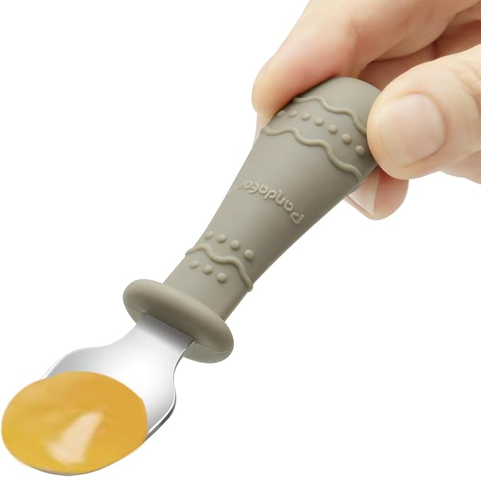 PandaEar Toddler Utensils, 6 Pack Kids Spoons and Forks, 18/8 Stainless Steel & Food Grade Silicone Children Silverware Set, Dishwasher Safe (Light Tan/Walnut/Blue)