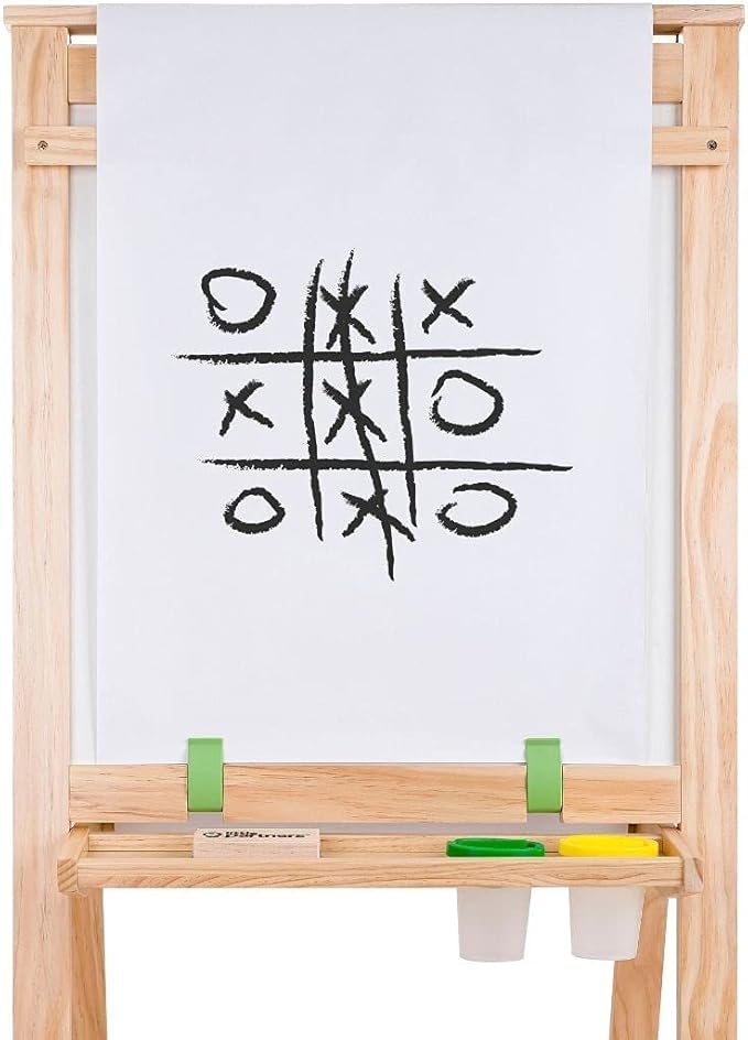 Little Partners Folding EZ Painting Easel for Kids, Dual-Sided Art Easel for Kids Art Station, Folds Flat with Chalkboard, Dry Erase Whiteboard, Paper, Eraser, Paint Cups, Shelf (Natural)