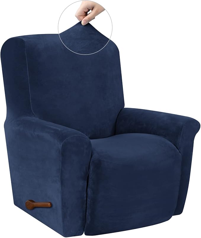 WEERRW Velvet High Stretch Recliner Chair Cover 1 Piece Recliner Couch Cover, Washable Furniture Protector with Non Slip Elastic Bottom for Kids and Pets, Navy Blue