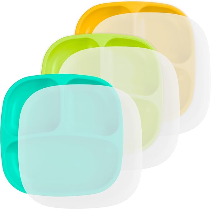 Re-Play Made in USA 7" Deep Walled Divided Plates for Kids, Set of 3 With 3 Lids - Reusable 3 Compartment Plates, Dishwasher and Microwave Safe - 7.37" x 7.37" x 1.25", Aqua Asst