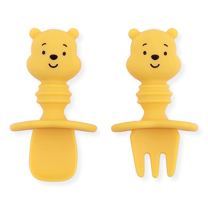 Bumkins Disney Baby Utensils Set, Chewtensils Silicone Spoons for Dipping, Self-Feeding, Baby Led Weaning, Trainer Learning First Stage Stage Eating, Fork and Spoon, Babies 6 Months, Winnie the Pooh