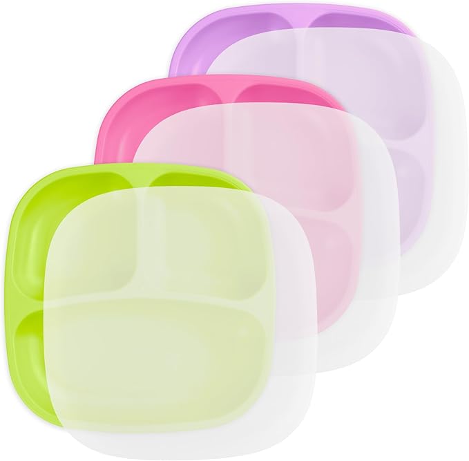 Re-Play Made in USA 7" Deep Walled Divided Plates for Kids, Set of 3 With 3 Lids - Reusable 3 Compartment Plates, Dishwasher and Microwave Safe - 7.37" x 7.37" x 1.25", Butterfly