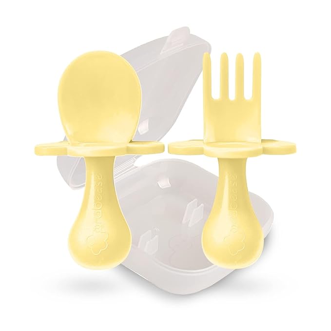 Grabease Baby Spoons & Fork Set - Toddler Self-Feeding Utensils for Baby - BPA-Free & Phthalate-Free Silicone Yellow Toddler Utensil - Feeding Spoon