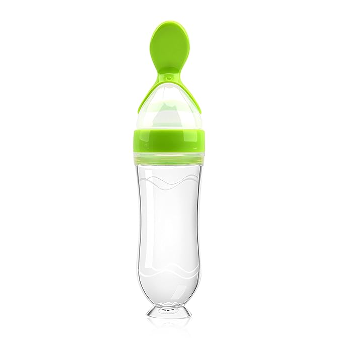 Baby Food Feeder Silicone Baby Food Dispensing Spoon-WAJIAYON, 3 oz Squeeze Feeding Spoons with Suction Cup for Boys Girl Kids Toddlers - Self Feeding Bottle Spoon - Green