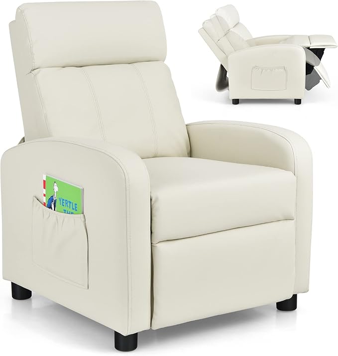 Costzon Kids Recliner, Adjustable PU Leather Lounge Chair w/Side Pockets, Footrest, Headrest for Kids Room & Play Room, Easy to Clean, Padded Recliner Sofa for Children Boys Girls Aged 3-12 (Beige)