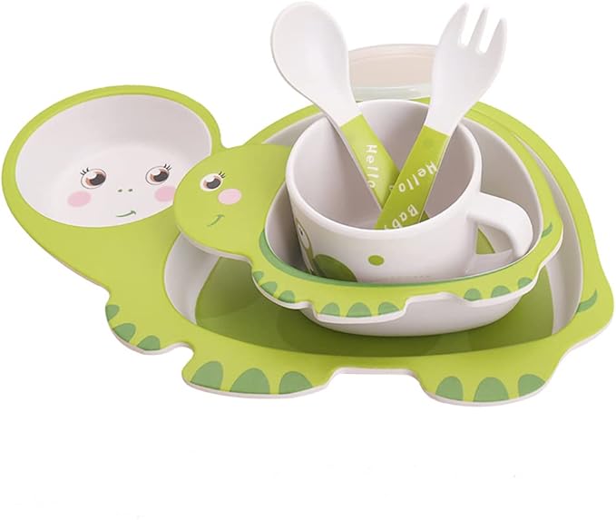 Bamboo Kids Dinnerware Set 5 Pcs Includes Plate Bowl Cup Fork Spoon Perfect for Kids BPA-Free (Tortoise)