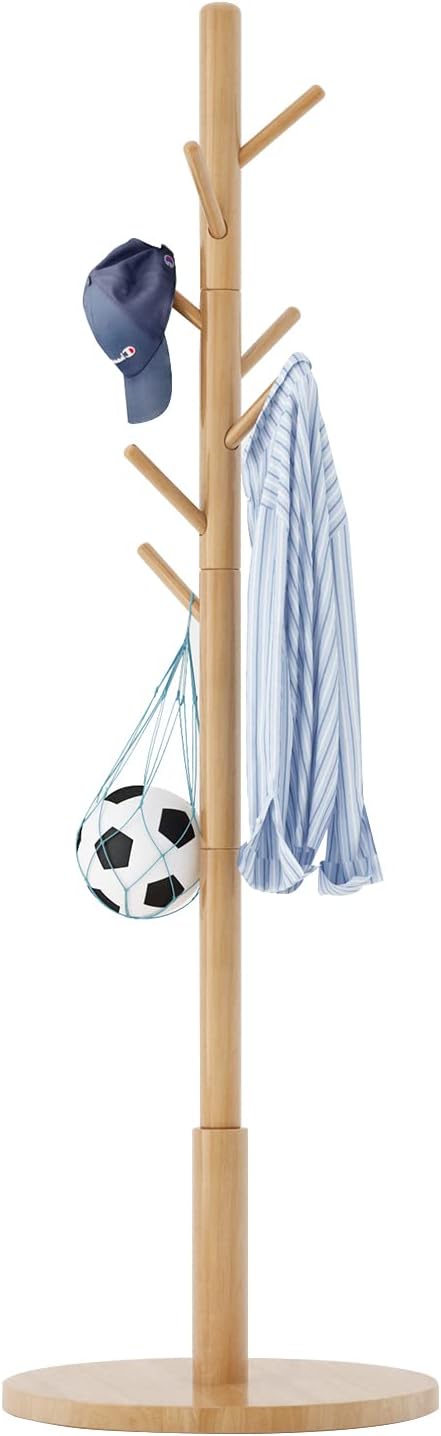 Wooden Coat Rack, Free Standing Coat Stand with 8 Hooks and 3 Height Options, Sturdy Kids Coat Tree Easy to Assemble, for Entryway Home Office Jackets Hat Purse Natural YD-1010