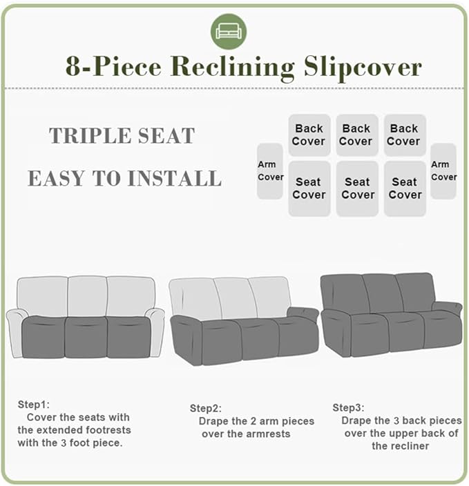 vctops 8 Pieces Jacquard Plush Recliner Sofa Covers Stretch Soft 3 Seats Couch Cover Anti-Slip Solid Color Sofa Slipcover Furniture Protector with Elastic Bottom for Kids Pet (Green,3 Seat)