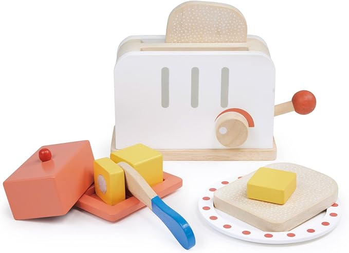 Mentari Toys - Rise and Shine Toaster Set - 10 Pcs Classic Wooden Pop Up Toaster Toy for Pretend Cooking - Develops Social, Creative & Imaginative Skills Learning Role Play - Age 3+