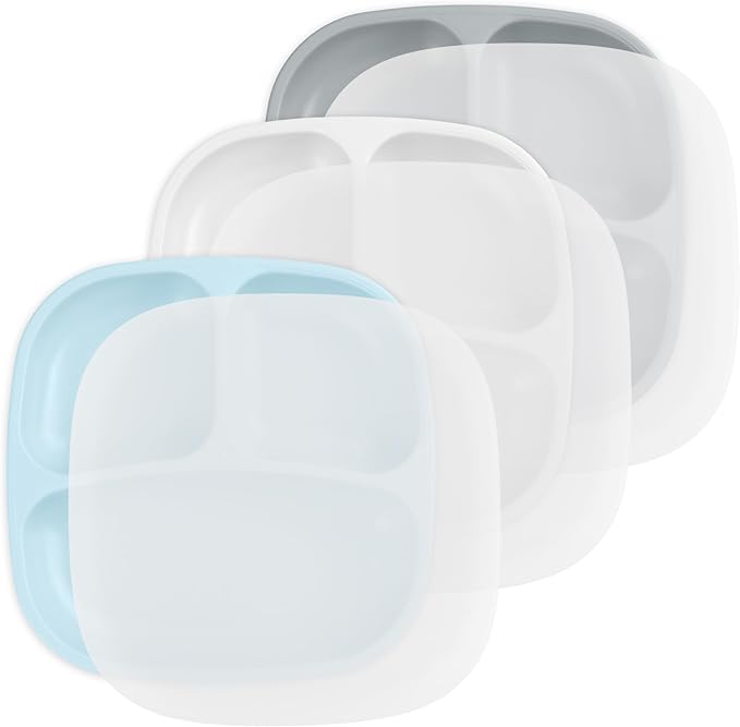 Re-Play Made in USA 7" Deep Walled Divided Plates for Kids, Set of 3 With 3 Lids - Reusable 3 Compartment Plates, Dishwasher and Microwave Safe - 7.37" x 7.37" x 1.25", Glacier