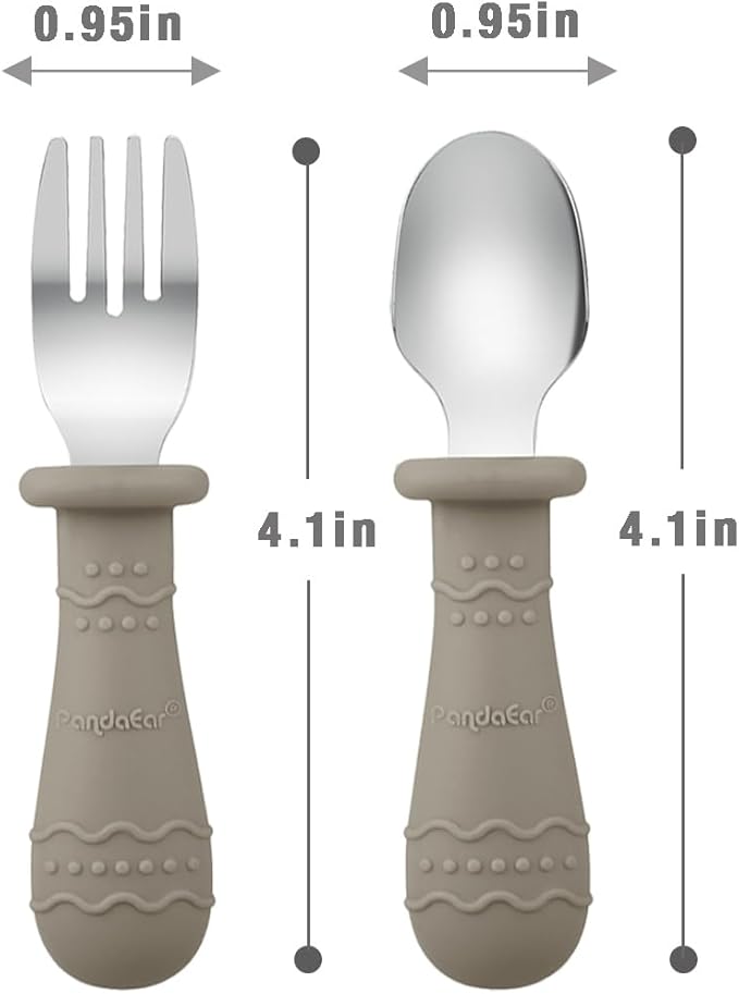 PandaEar Toddler Utensils, 6 Pack Kids Spoons and Forks, 18/8 Stainless Steel & Food Grade Silicone Children Silverware Set, Dishwasher Safe (Light Tan/Walnut/Blue)