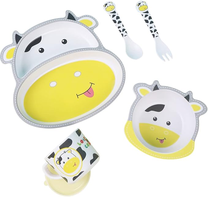 Bamboo Kids Dinnerware Set 5 Pcs Includes Plate Bowl Cup Fork Spoon Perfect for Kids BPA-Free (Cute Cow)