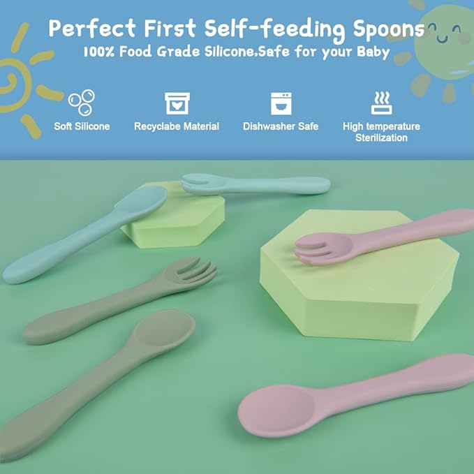 Vicloon Silicone Baby Spoon and Fork Set, 6PCS Baby Led Weaning Spoons and Forks Set, First Stage Feeding Spoons for Infants, Silicone Baby Spoon,Silicone Feeding Spoons Dishwasher Safe,Baby Utensils
