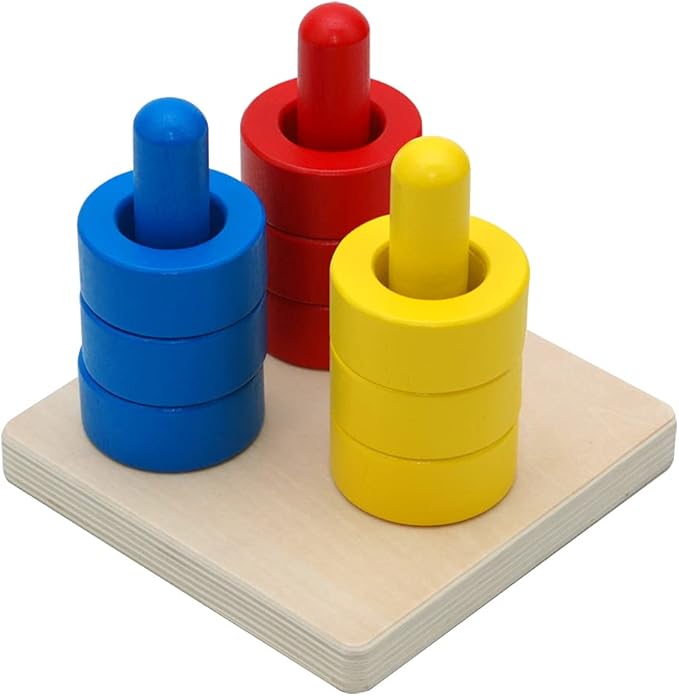 Elite Montessori 3 Wooden Colored Discs on Colored Dowels for 6+ Months, 1 Year Old Baby, Brain Development and Eye Hand Coordination Activities