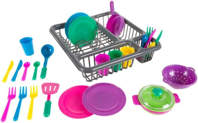 Hey! Play! Kids Play Dish Set, 27 Piece Tableware Dish Set with Dish Drainer – for Kitchen Playset and Pretend Food, Toys for Boys and Girls