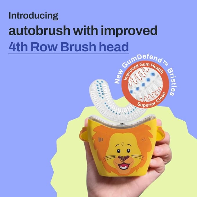 autobrush Kids U Shaped Electric Toothbrush, ADA Accepted, Sonic Pro with Unique 360° Nylon Bristles 3 Cleaning Modes,Whitening LED-Lights,Plays Music (Double-Sided),Ages 6-8, Lion