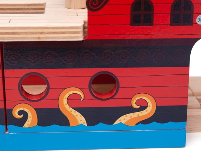 Bigjigs Rail Wooden Pirate Ship Galleon - Pirate Accessories for Wooden Train Sets, Bigjigs Train Accessories, Pirate Ship Toys for Kids, Wooden Toys for 3 4 5 Year Olds