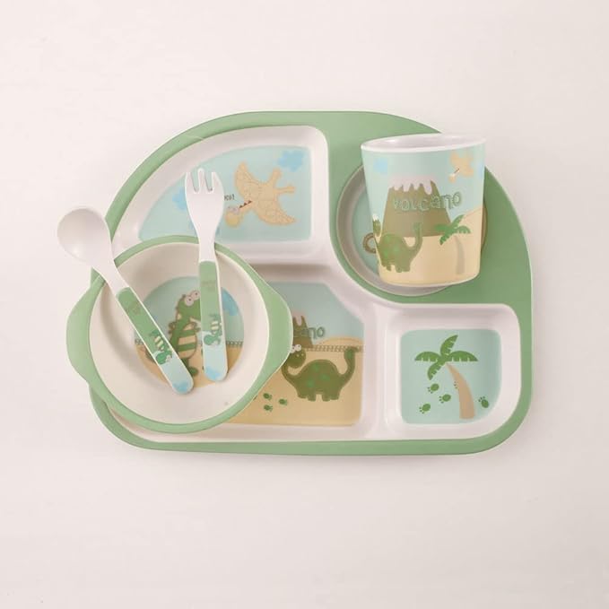 Kids Dinnerware Set Bamboo 5 Pcs Plate Bowl Cup Fork Spoon (Dinosaur)