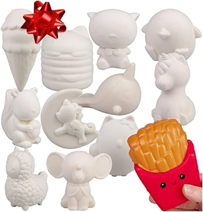 DIY Party Craft Kit Jumbo Blank Slow-Rising Squishies -12 Different 4-6" Designs -White Kawaii Sqwishy Toys for Painting, Soft Scented Stress Relief Art Crafts -Kids Holiday Birthday Activity Gift